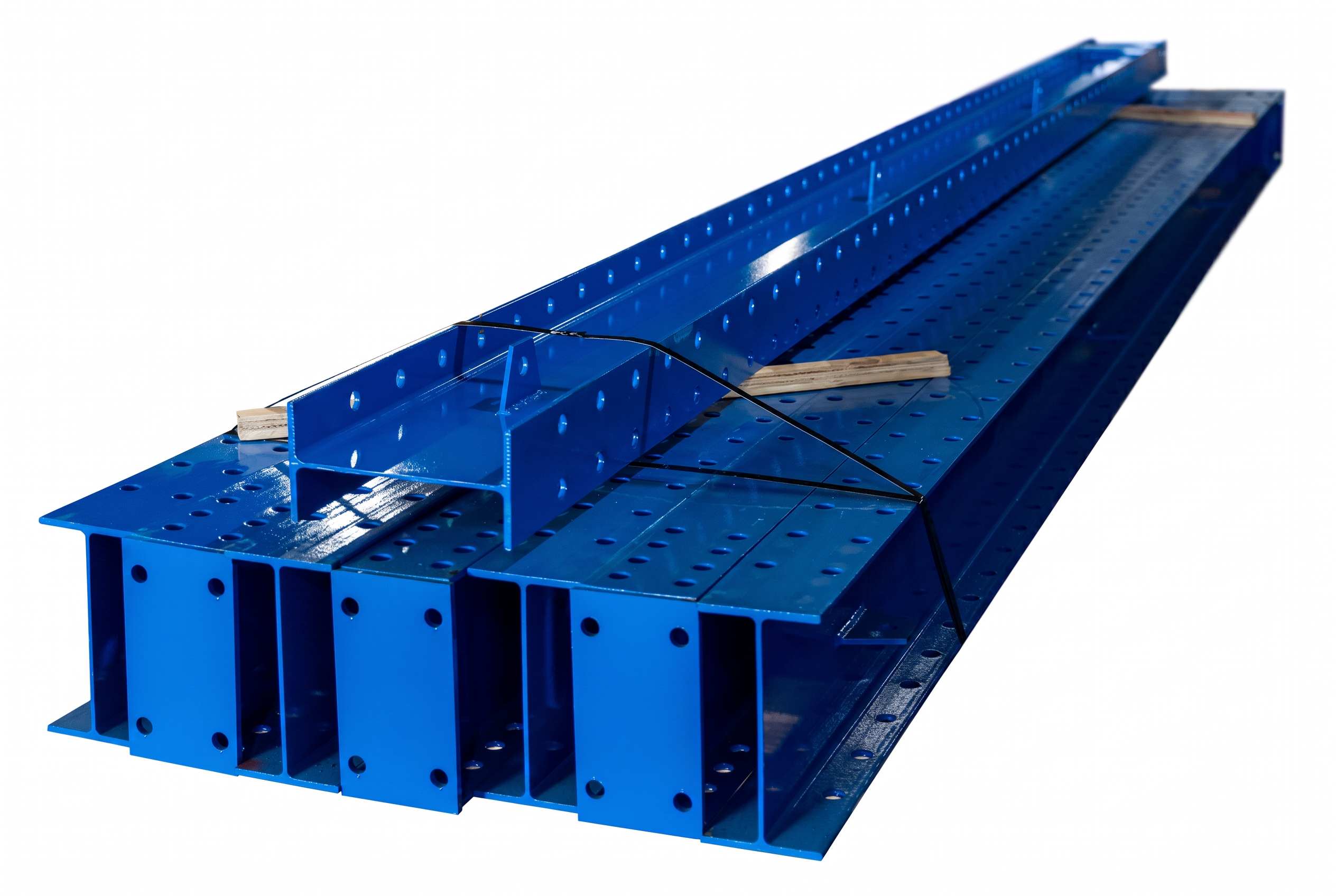 Close-up of blue NAWL cantilever rack columns and bases showing punched holes and bolt connections