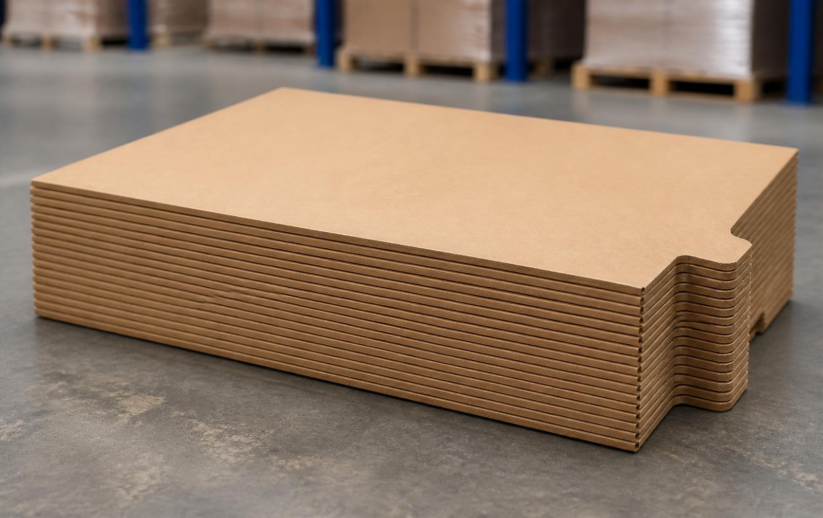 Stack of kraft brown paperboard slip sheets with pull-tab lip on warehouse floor for pallet-less push-pull forklift shipping