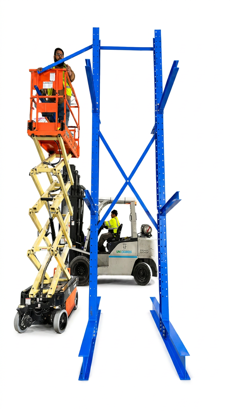Tall single-sided blue NAWL cantilever rack being assembled with a scissor lift and forklift