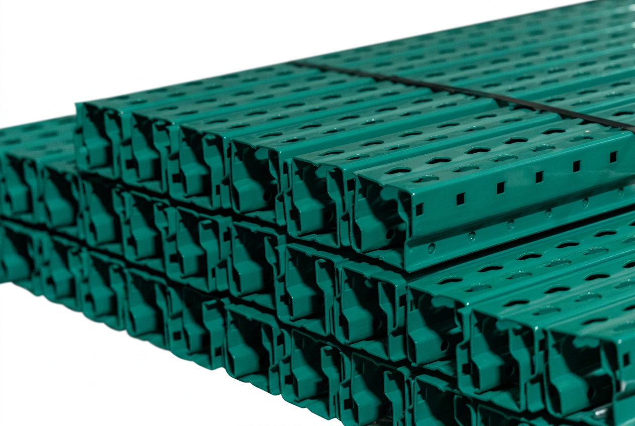 Close-up of green NAWL frame columns with teardrop punching