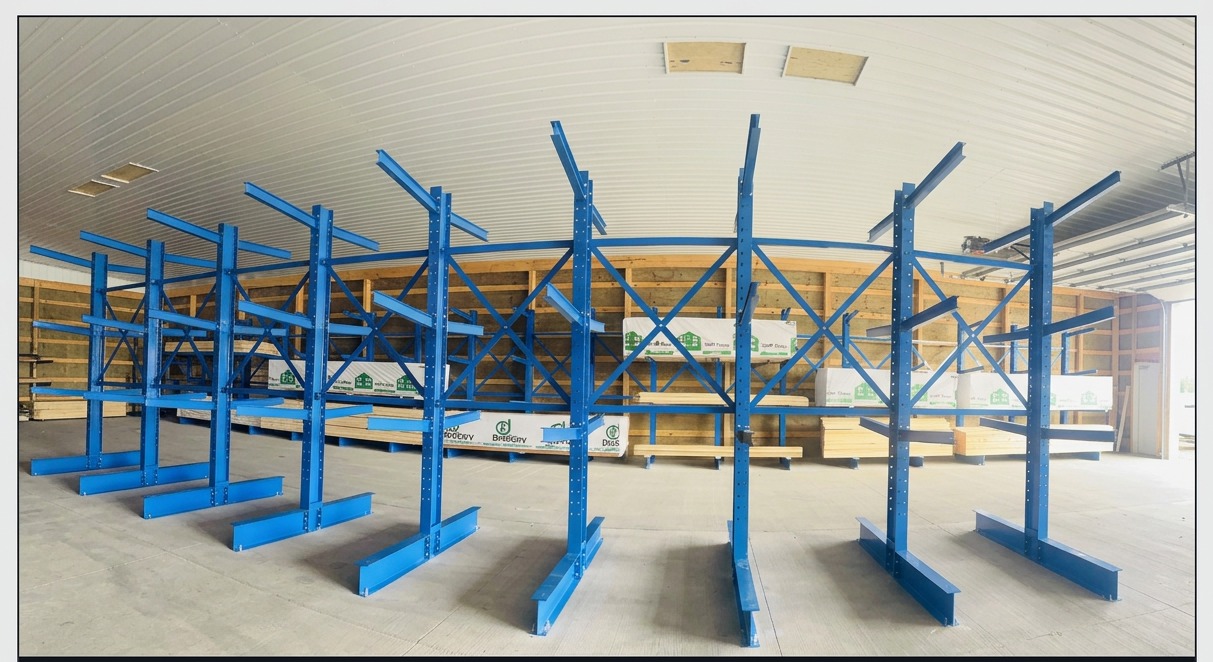 Long row of blue NAWL structural cantilever racks with diagonal cross bracing