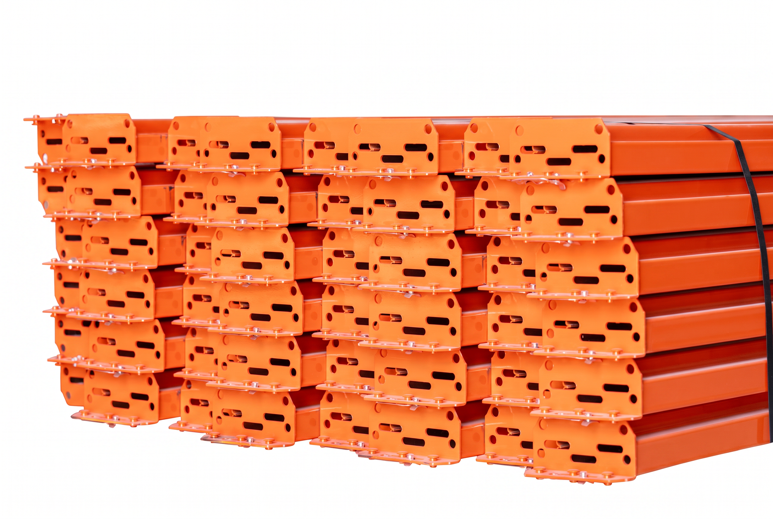 Close-up of orange pallet rack beam end connectors