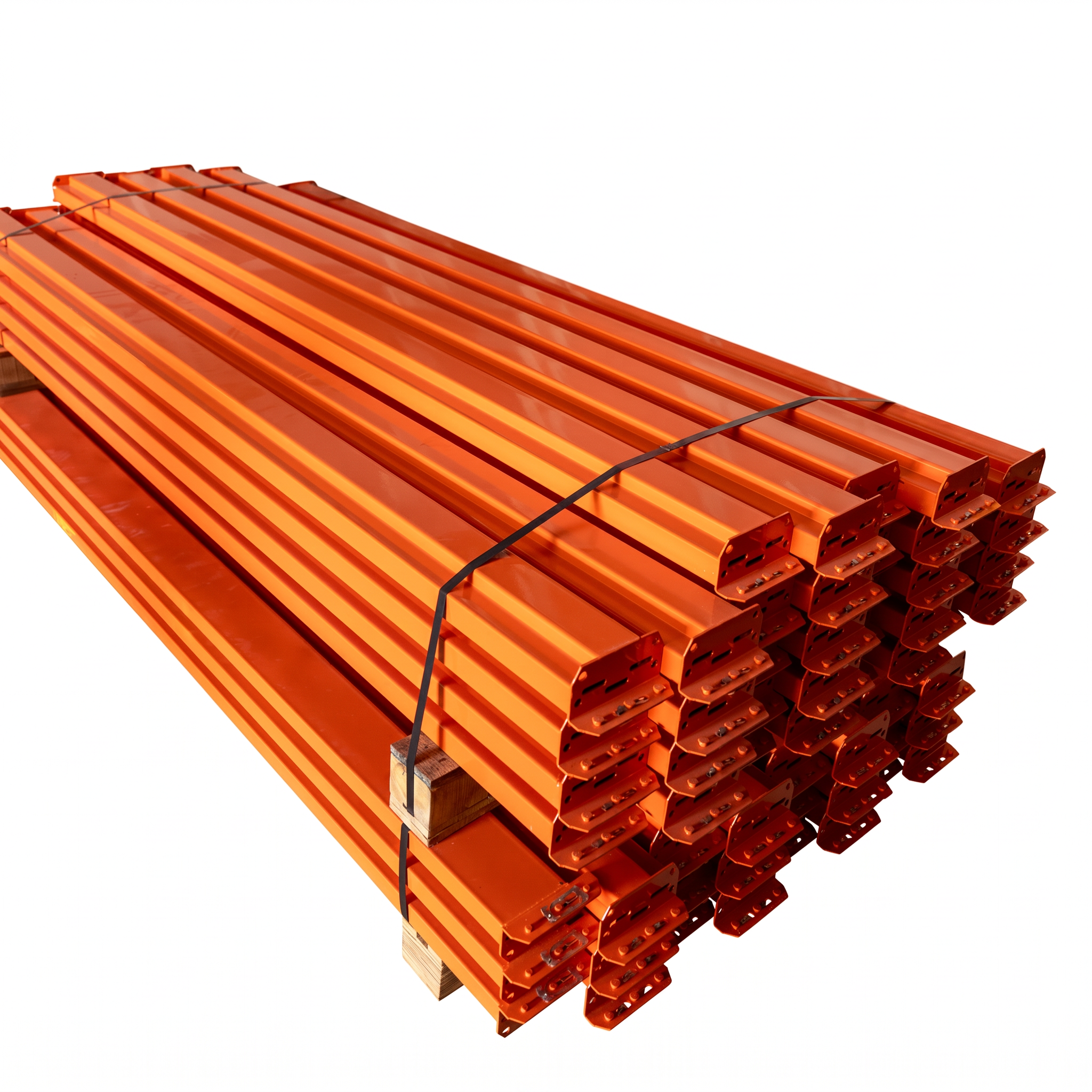Bundled orange pallet rack beams showing side profile and connector plates