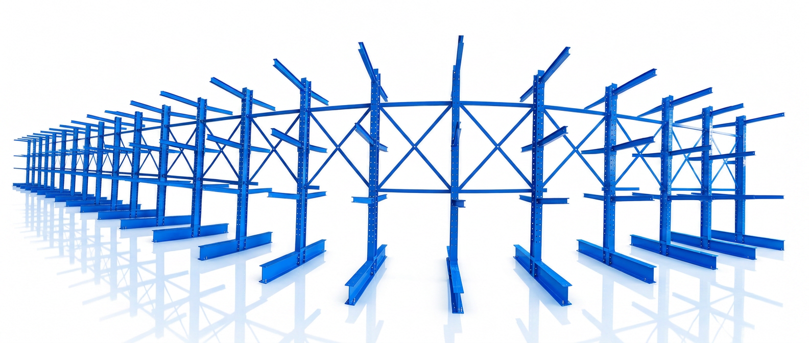 Long row of blue NAWL double-sided cantilever racks with diagonal cross bracing