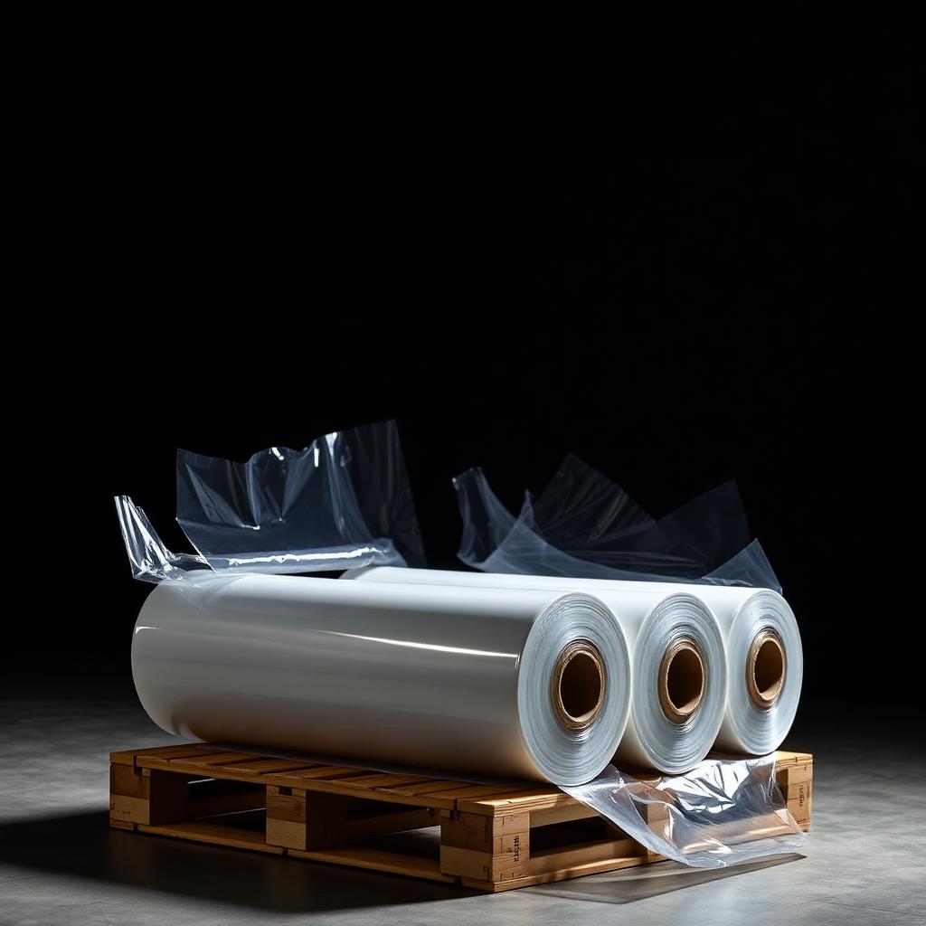 Rolls of industrial machine-grade clear stretch film pallet wrap stacked for warehouse load containment