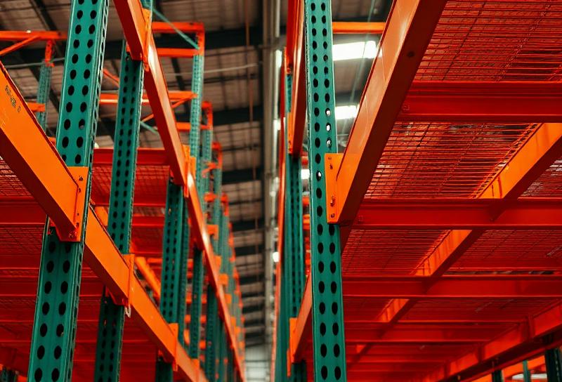 NAWL teardrop selective pallet racking system with green upright frames and orange beams loaded with palletized inventory in a warehouse