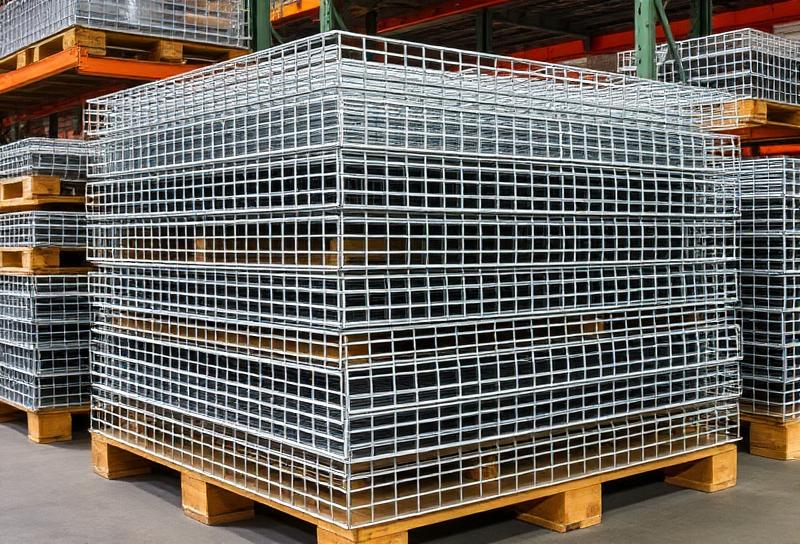 NAWL welded wire mesh decking panel installed on orange pallet rack beams for fire-code compliant carton and pallet storage
